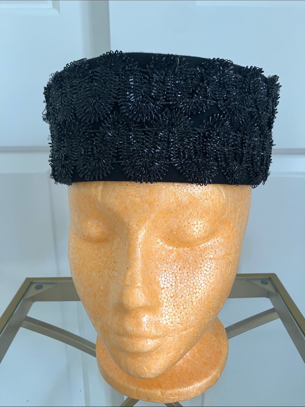 VTG Women's Black Beaded Pillbox Hat - Elegant Formal Accessory
